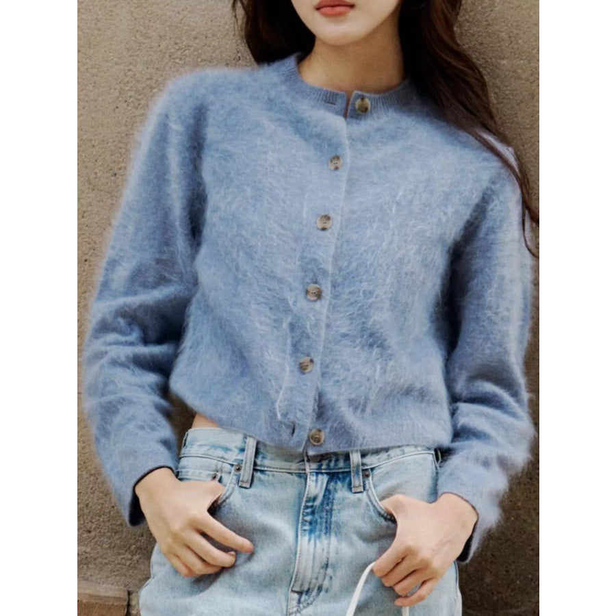 Fuzzy Button Up Cropped Cardigan Apparel and Accessories