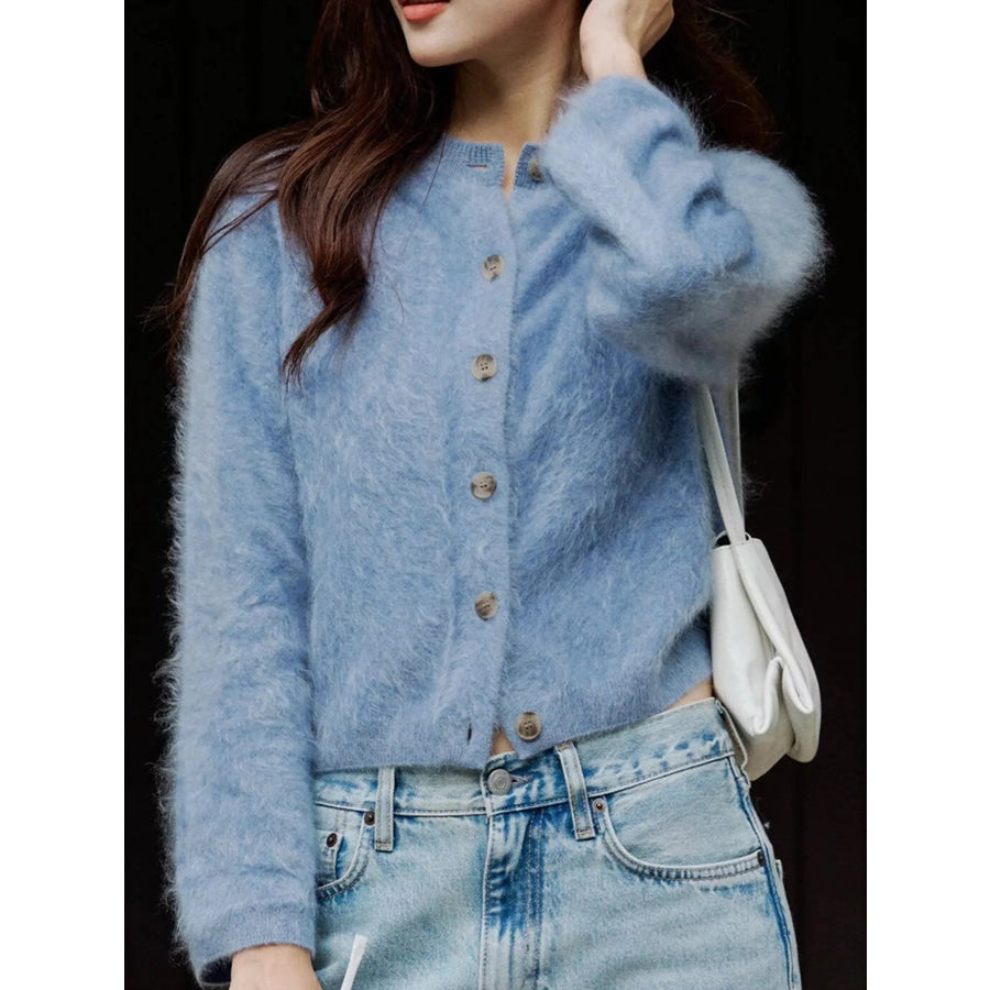 Fuzzy Button Up Cropped Cardigan Blue / S Apparel and Accessories