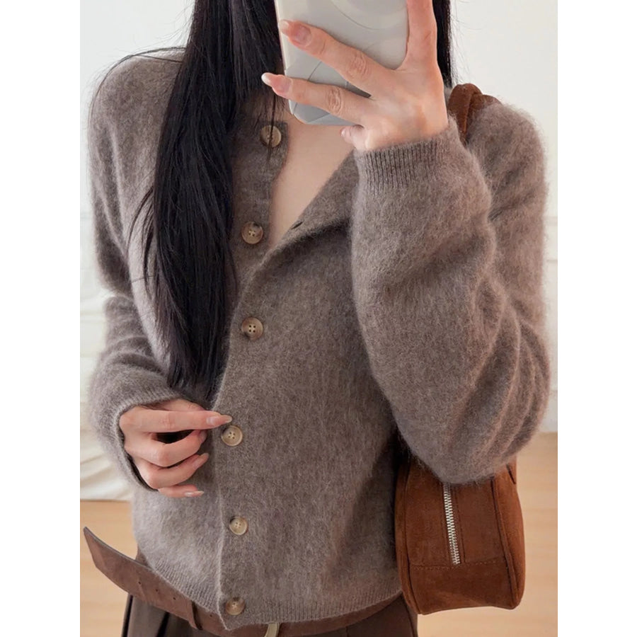 Fuzzy Button Up Cropped Cardigan Coffee / S Apparel and Accessories