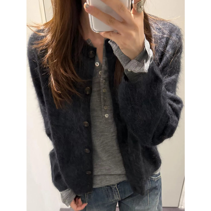 Fuzzy Button Up Cropped Cardigan Dark Gray / S Apparel and Accessories