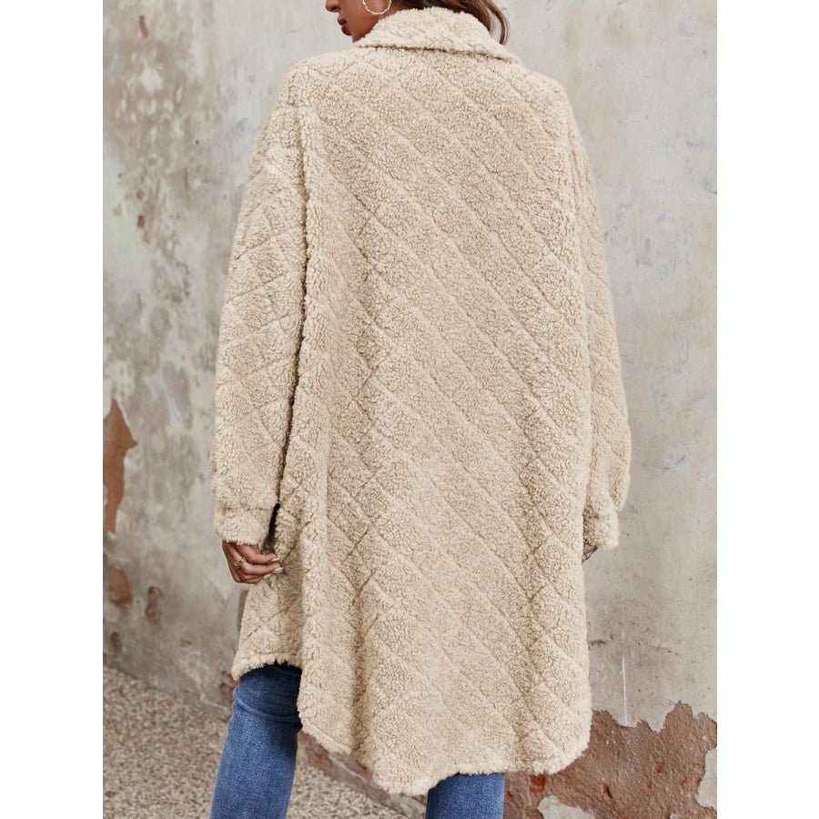 Fuzzy Button Up Dropped Shoulder Long Sleeve Coat Tan / S Apparel and Accessories