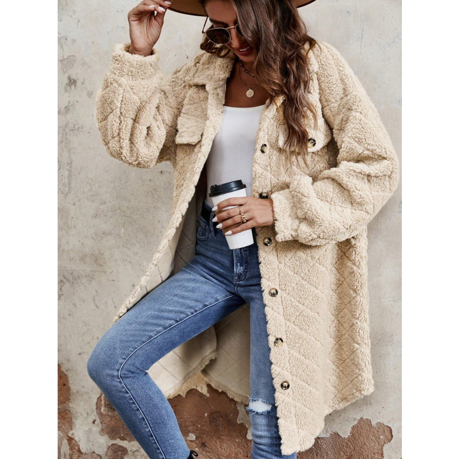 Fuzzy Button Up Dropped Shoulder Long Sleeve Coat Apparel and Accessories