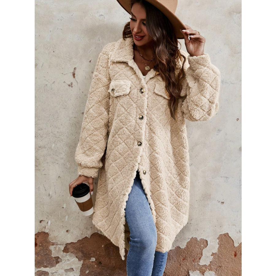 Fuzzy Button Up Dropped Shoulder Long Sleeve Coat Apparel and Accessories