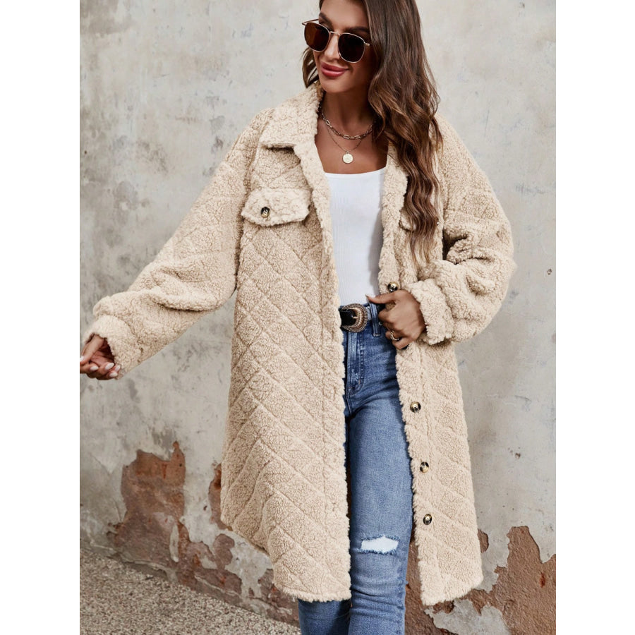 Fuzzy Button Up Dropped Shoulder Long Sleeve Coat Apparel and Accessories