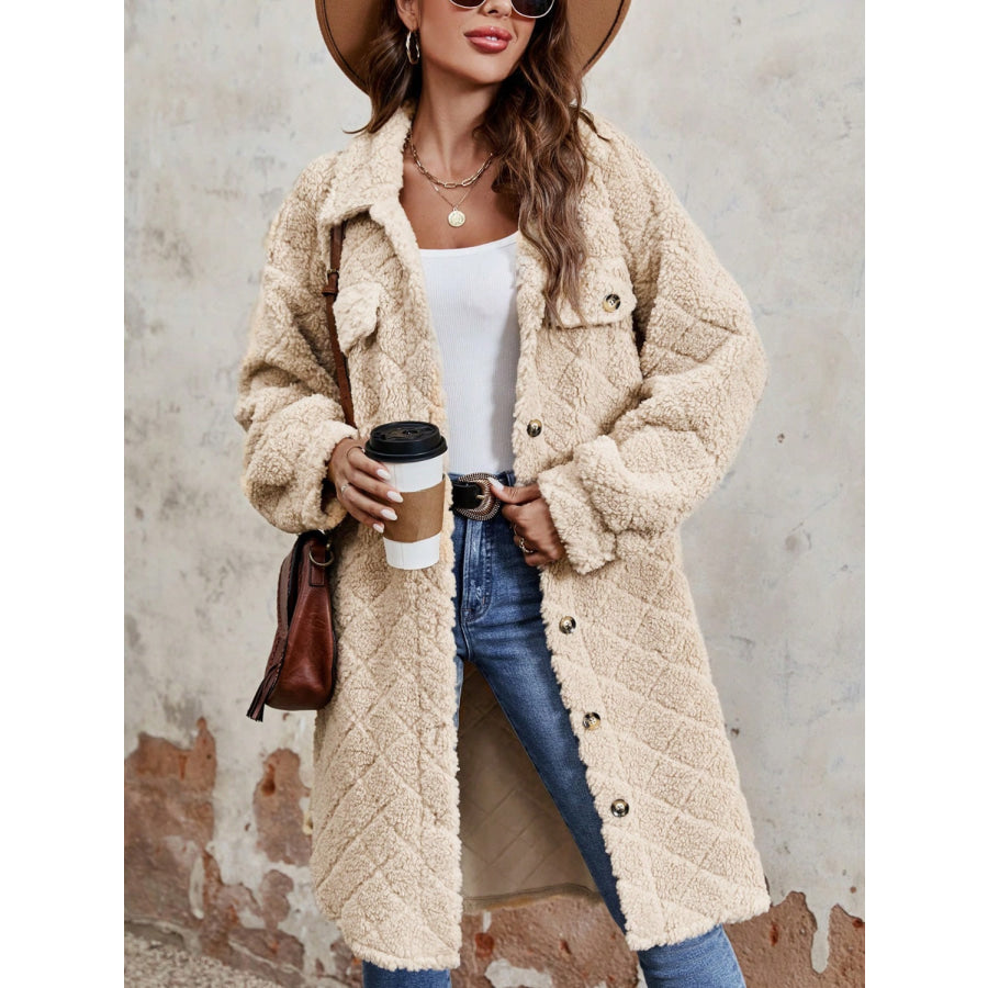 Fuzzy Button Up Dropped Shoulder Long Sleeve Coat Tan / S Apparel and Accessories