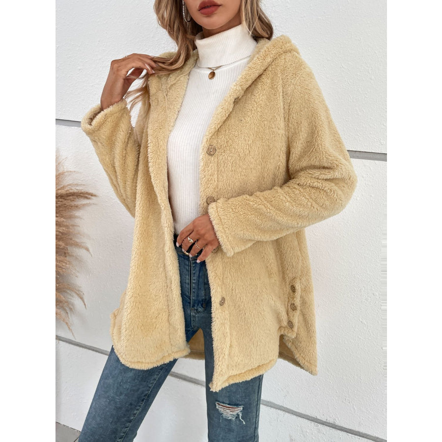 Fuzzy Button Up Hooded Jacket Apparel and Accessories