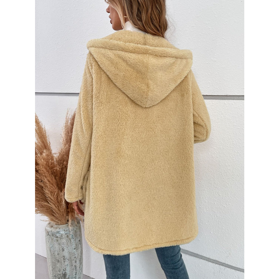 Fuzzy Button Up Hooded Jacket Pastel Yellow / S Apparel and Accessories