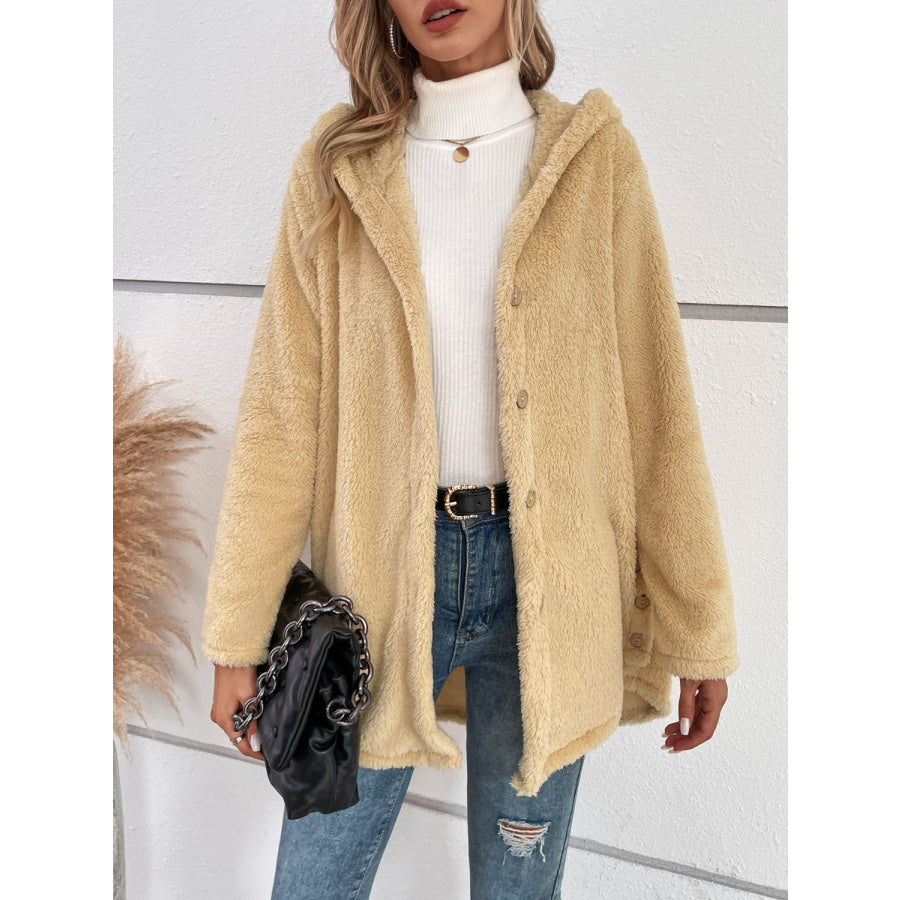 Fuzzy Button Up Hooded Jacket Apparel and Accessories