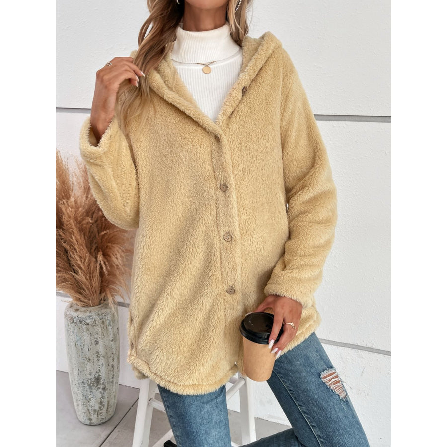 Fuzzy Button Up Hooded Jacket Apparel and Accessories