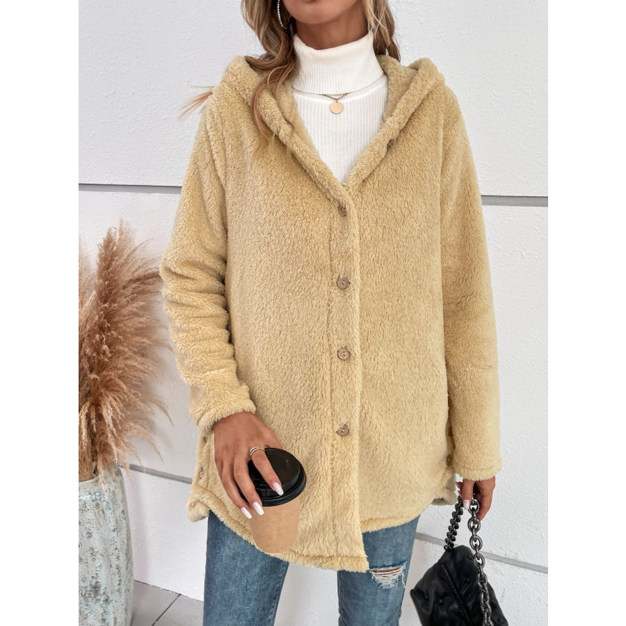 Fuzzy Button Up Hooded Jacket Apparel and Accessories