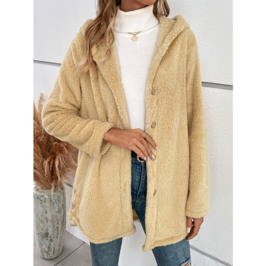 Fuzzy Button Up Hooded Jacket Pastel Yellow / S Apparel and Accessories