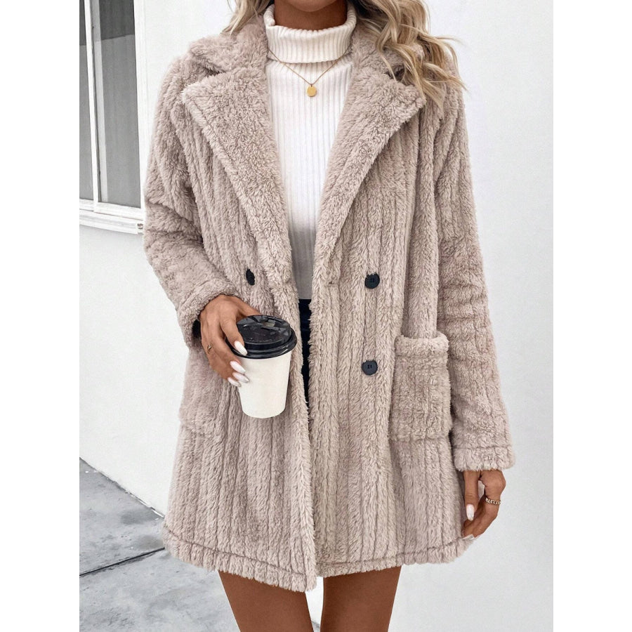 Fuzzy Button Up Long Sleeve Coat with Pockets Apparel and Accessories