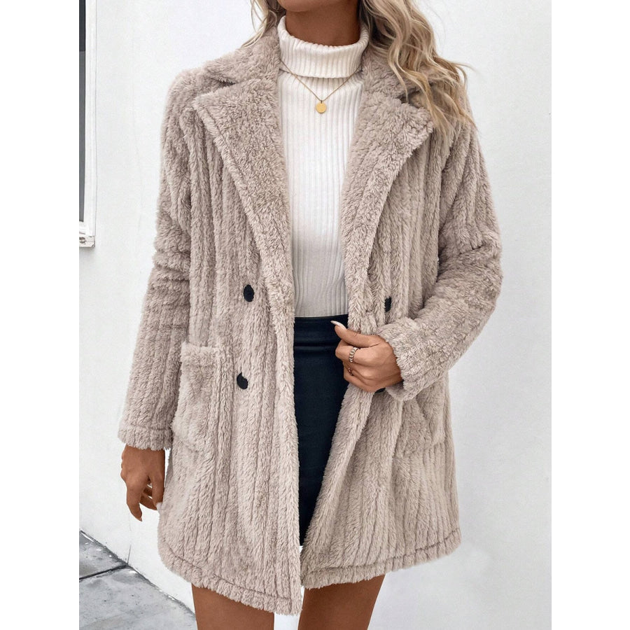 Fuzzy Button Up Long Sleeve Coat with Pockets Apparel and Accessories