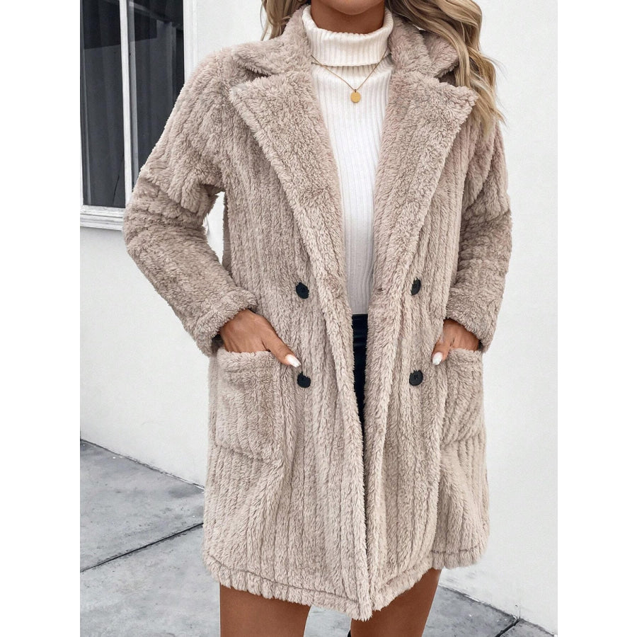 Fuzzy Button Up Long Sleeve Coat with Pockets Apparel and Accessories