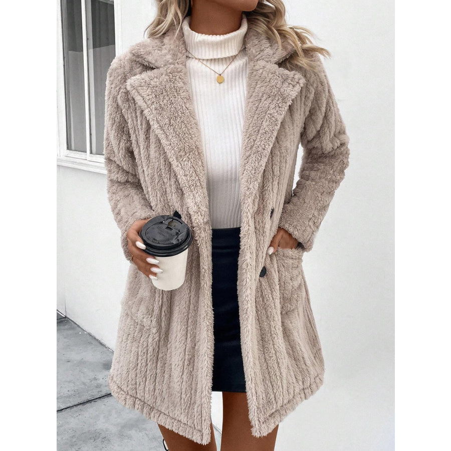 Fuzzy Button Up Long Sleeve Coat with Pockets Dust Storm / S Apparel and Accessories