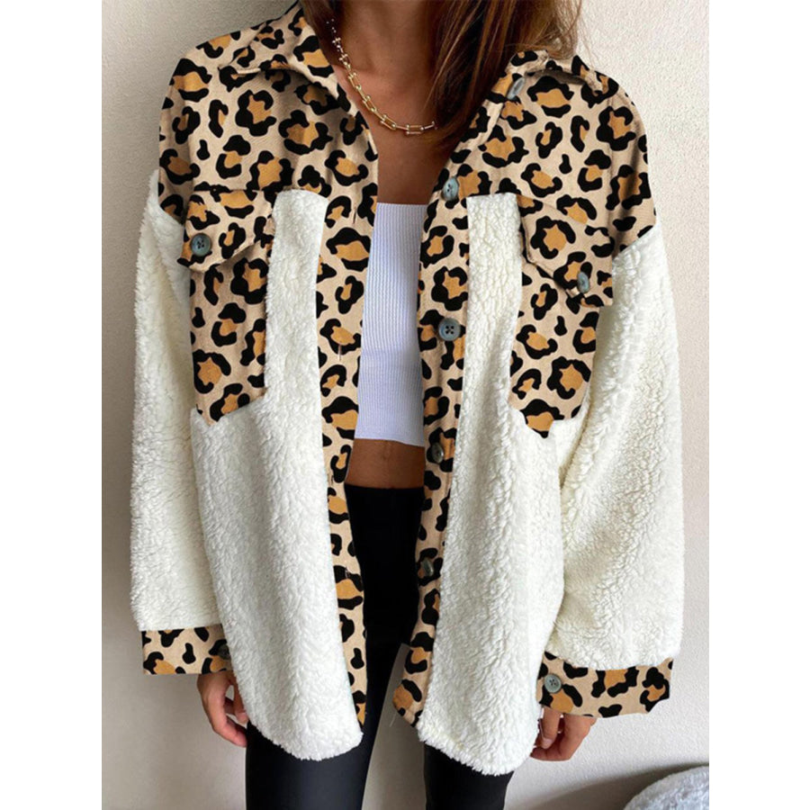 Fuzzy Button Up Long Sleeve Jacket Leopard / S Apparel and Accessories