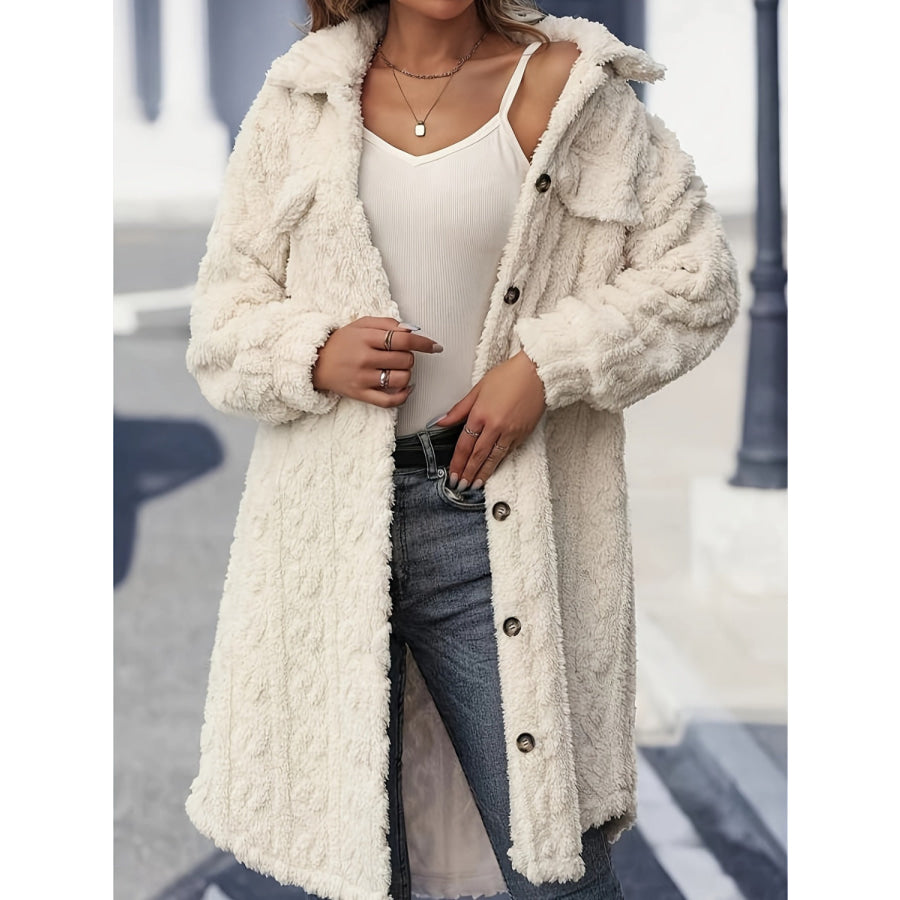 Fuzzy Button Up Long Sleeve Longline Coat Apparel and Accessories