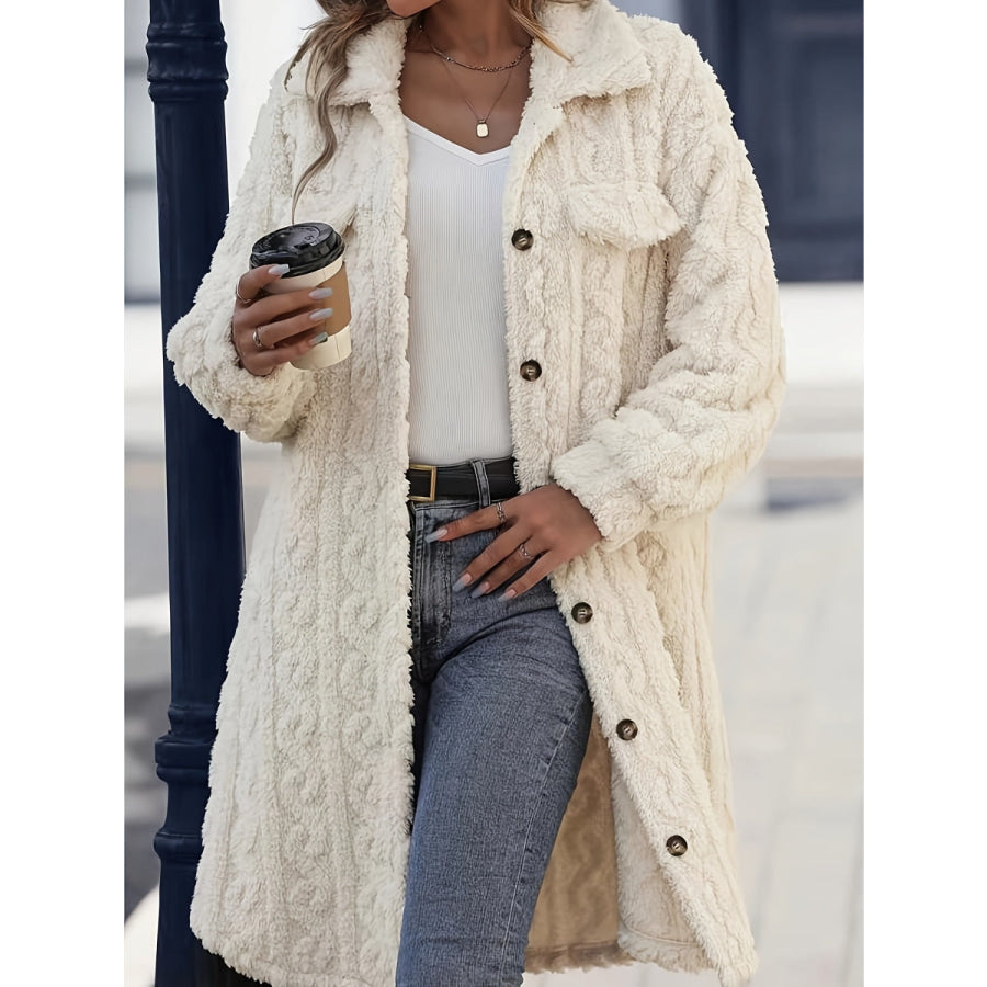 Fuzzy Button Up Long Sleeve Longline Coat Apparel and Accessories