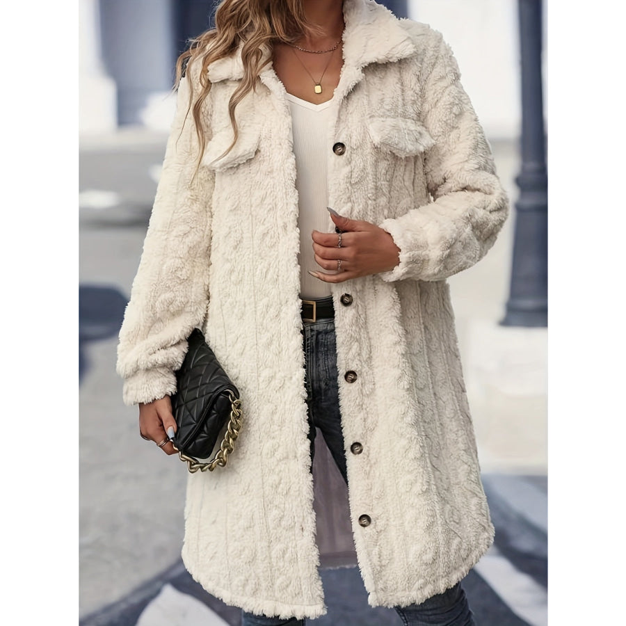 Fuzzy Button Up Long Sleeve Longline Coat Cream / S Apparel and Accessories