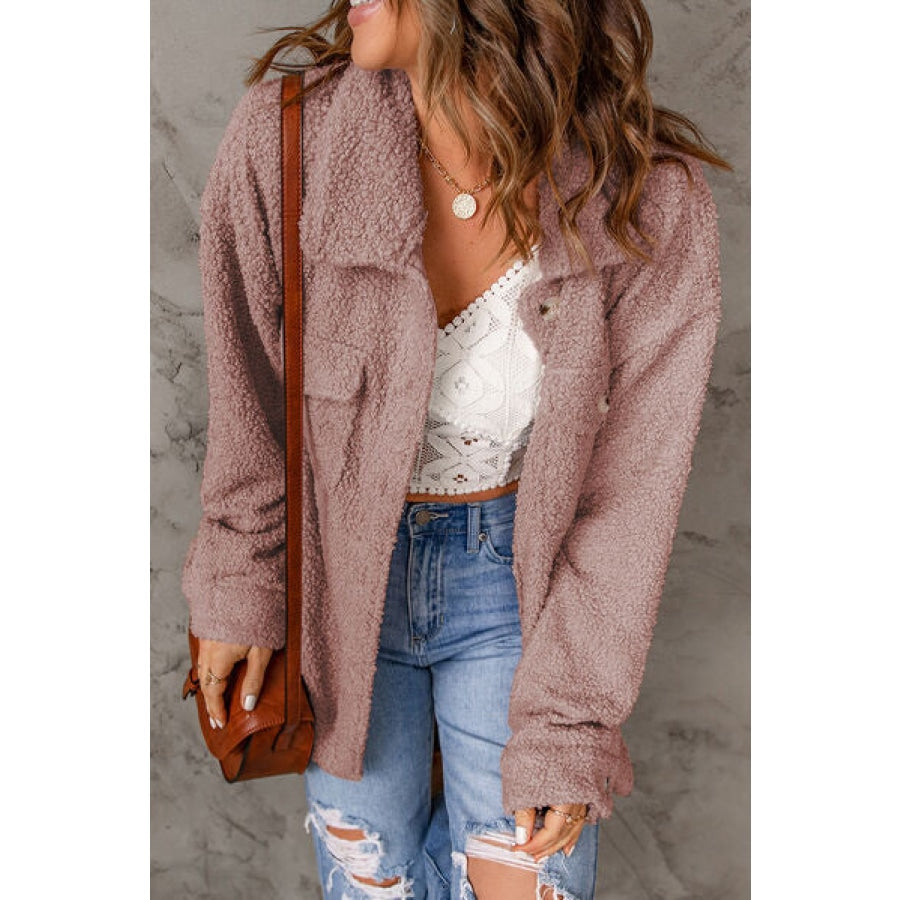 Fuzzy Button Up Pocketed Jacket Clothing