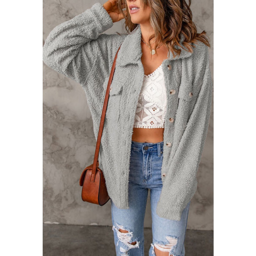 Fuzzy Button Up Pocketed Jacket Clothing