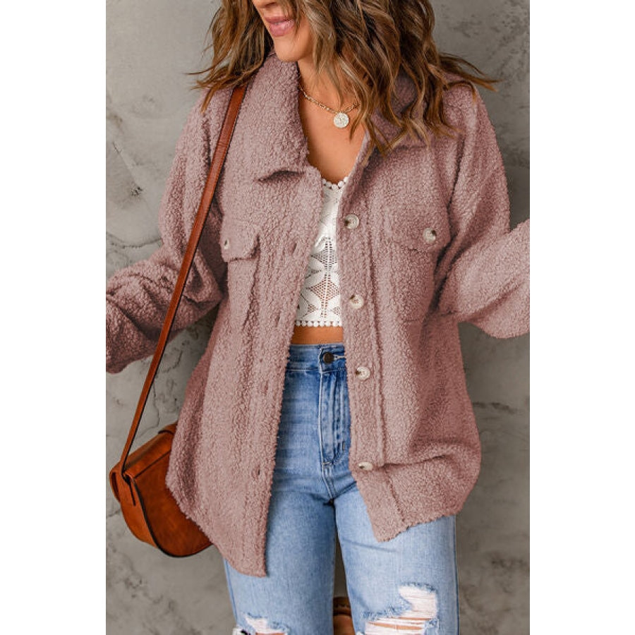 Fuzzy Button Up Pocketed Jacket Clothing