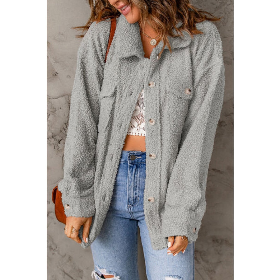 Fuzzy Button Up Pocketed Jacket Clothing