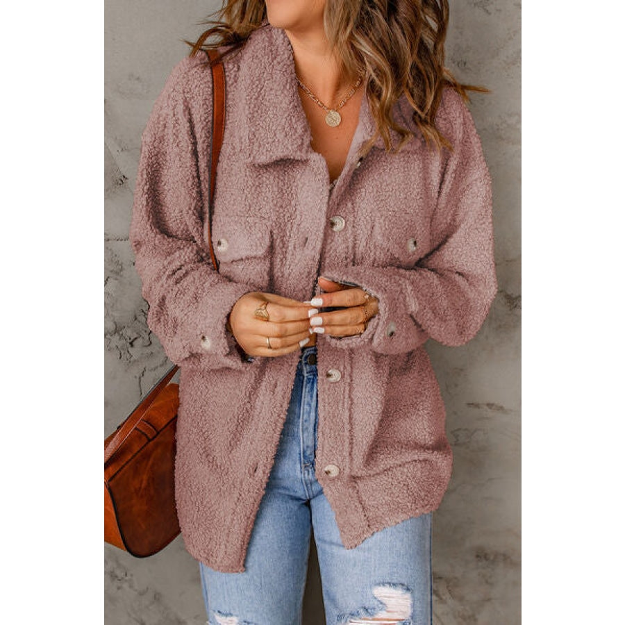 Fuzzy Button Up Pocketed Jacket Light Mauve / M Clothing