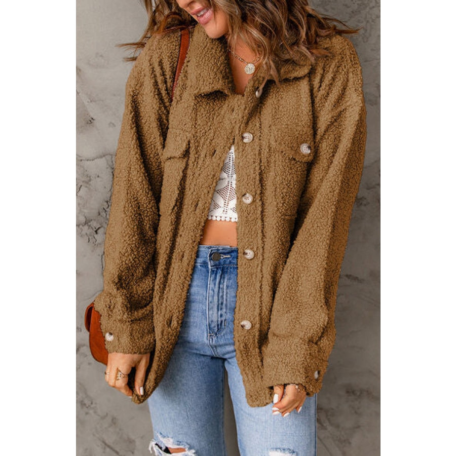 Fuzzy Button Up Pocketed Jacket Olive / M Clothing