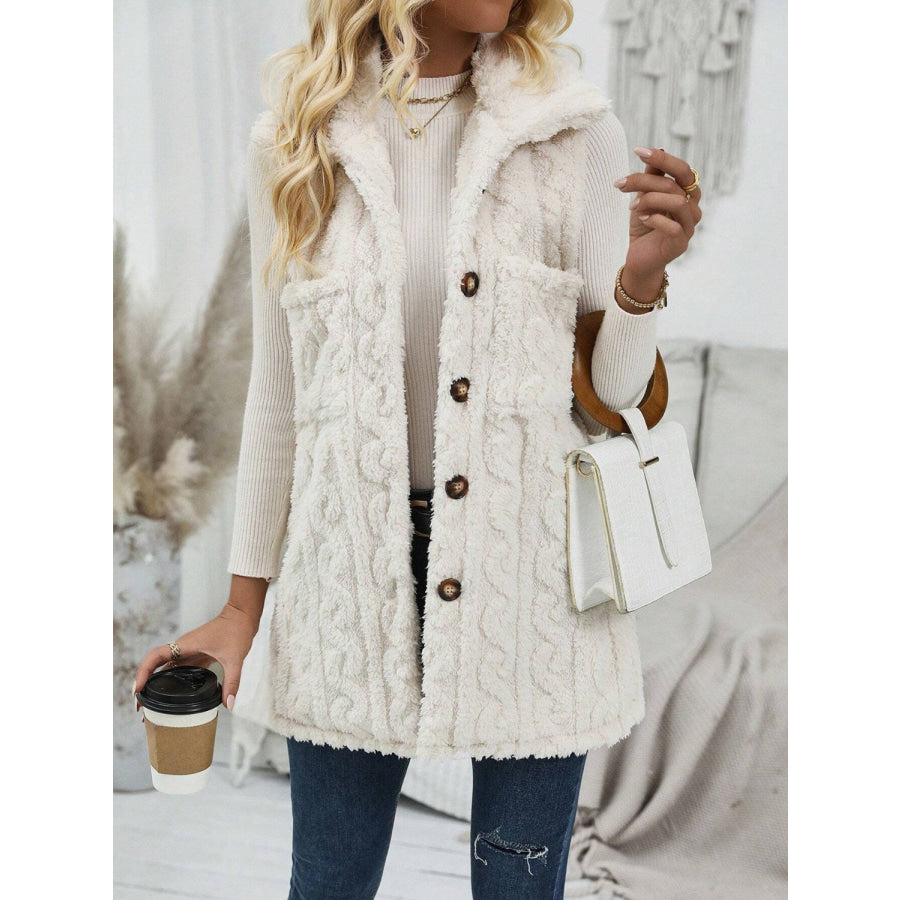 Fuzzy Button Up Vest Coat Beige / S Apparel and Accessories