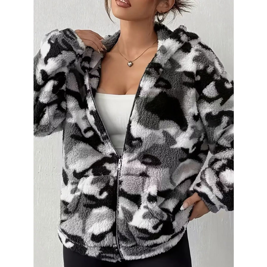 Fuzzy Camo Zip-Up Hoodie Gray / S Apparel and Accessories