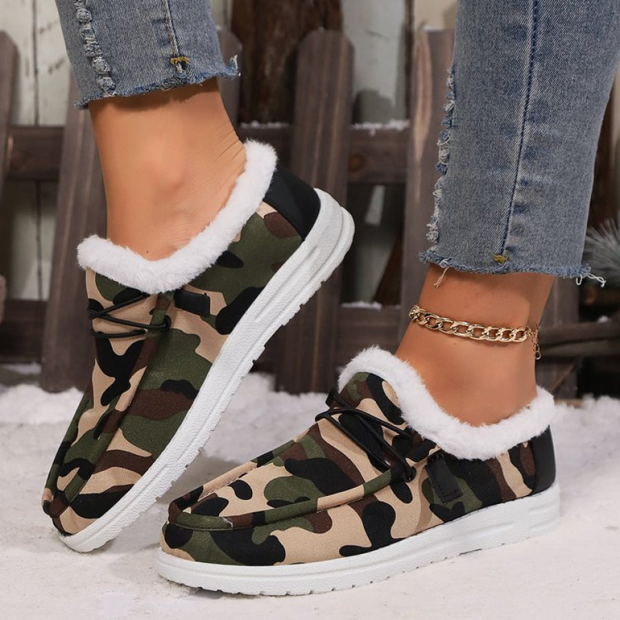 Fuzzy Camouflage Round Toe Boots Apparel and Accessories