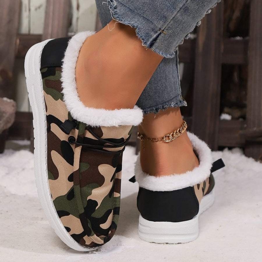 Fuzzy Camouflage Round Toe Boots Apparel and Accessories