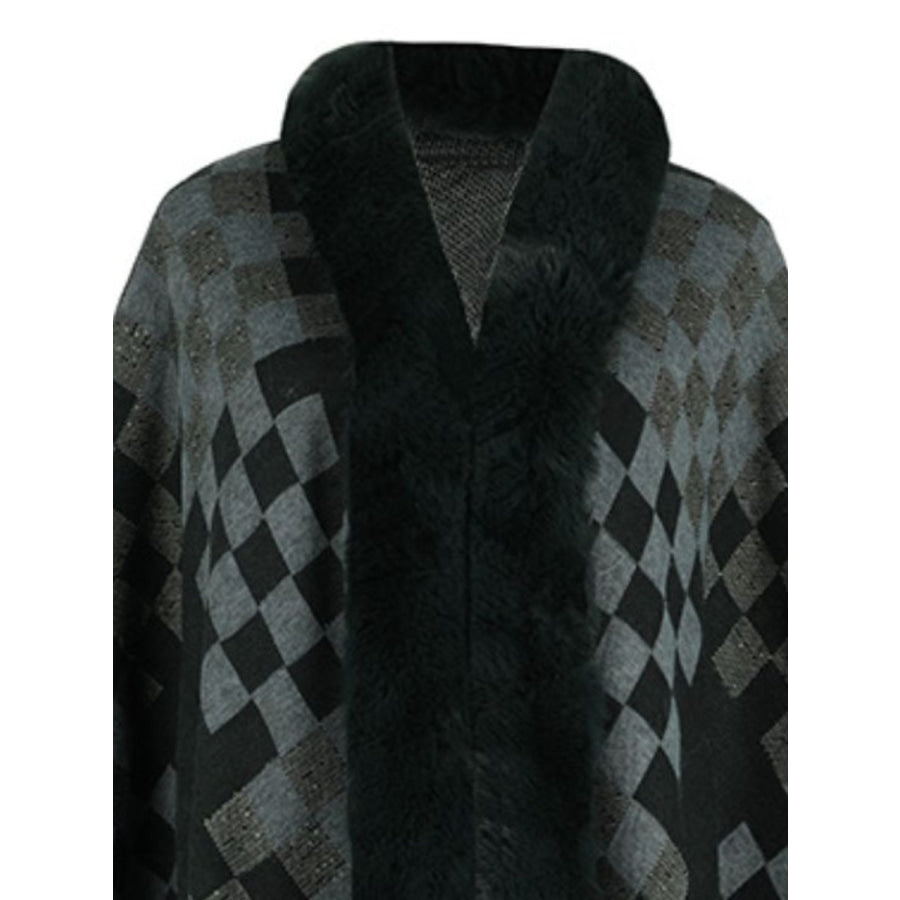 Fuzzy Checkered Long Sleeve Poncho Apparel and Accessories