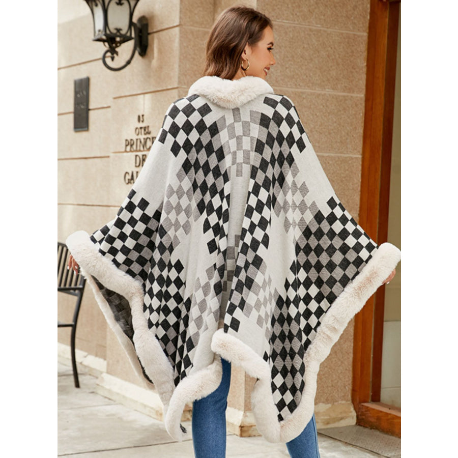 Fuzzy Checkered Long Sleeve Poncho Apparel and Accessories