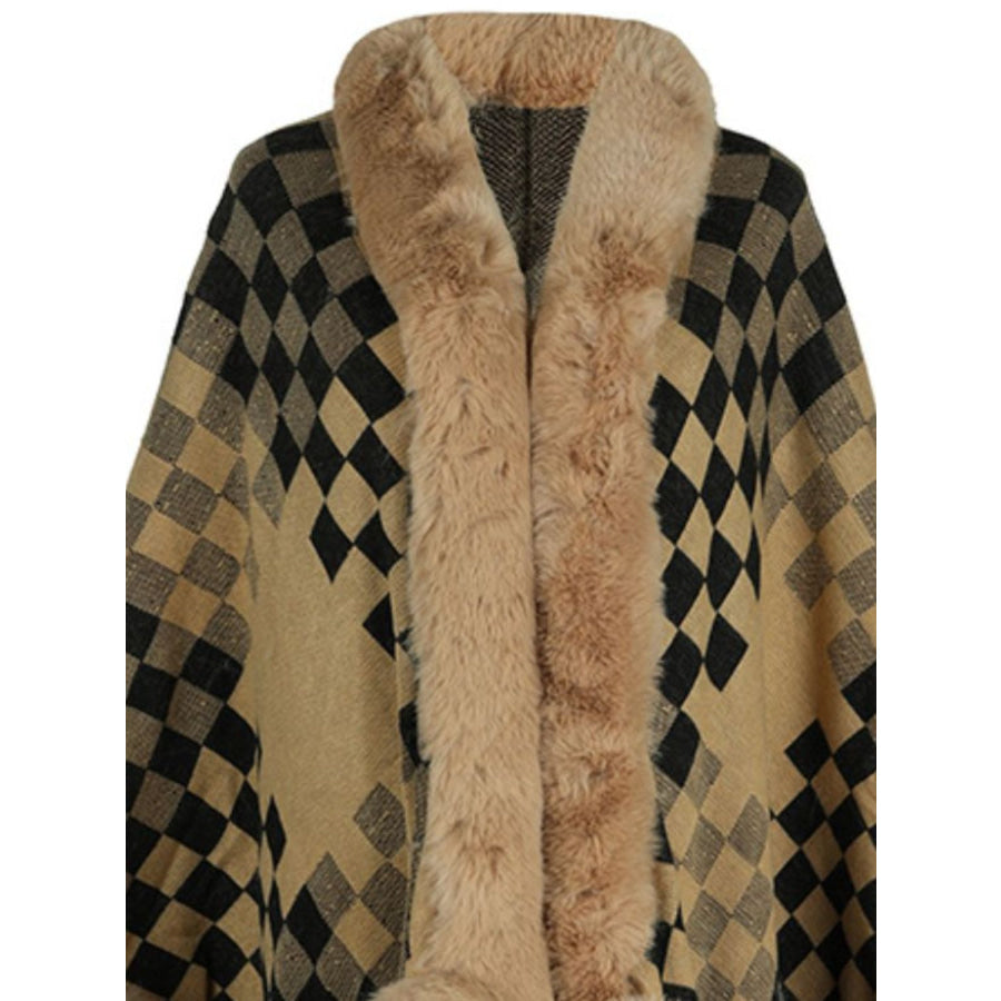 Fuzzy Checkered Long Sleeve Poncho Apparel and Accessories