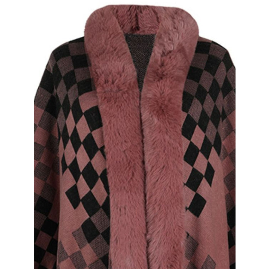 Fuzzy Checkered Long Sleeve Poncho Apparel and Accessories