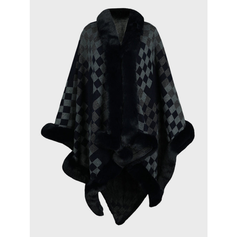 Fuzzy Checkered Long Sleeve Poncho Apparel and Accessories