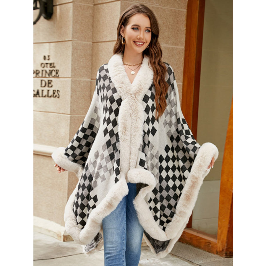 Fuzzy Checkered Long Sleeve Poncho Apparel and Accessories