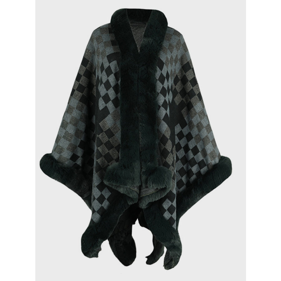 Fuzzy Checkered Long Sleeve Poncho Black Forest / One Size Apparel and Accessories