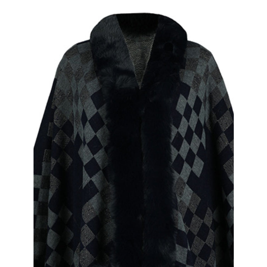 Fuzzy Checkered Long Sleeve Poncho Dark Navy / One Size Apparel and Accessories