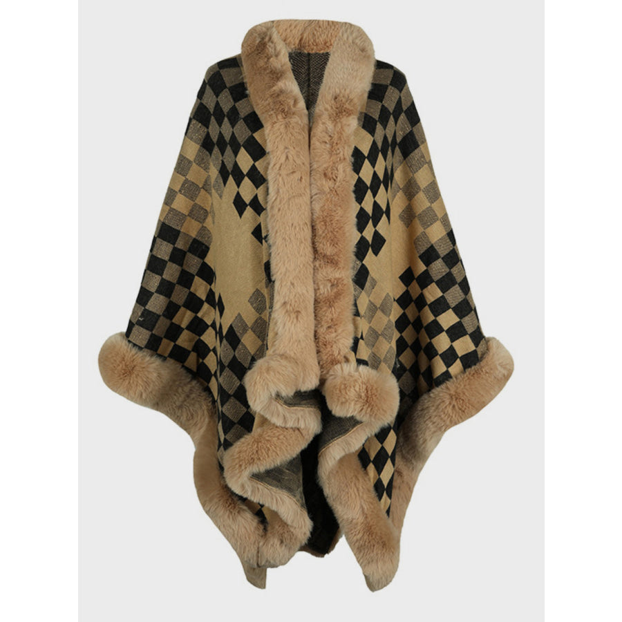 Fuzzy Checkered Long Sleeve Poncho Tan / One Size Apparel and Accessories