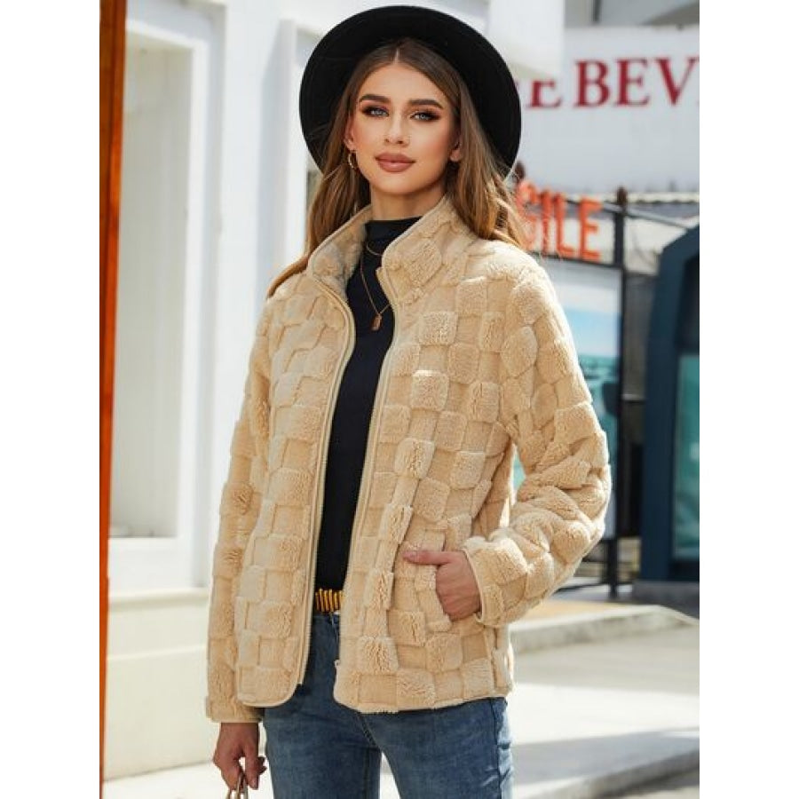 Fuzzy Checkered Zip Up Jacket Sand / S Apparel and Accessories