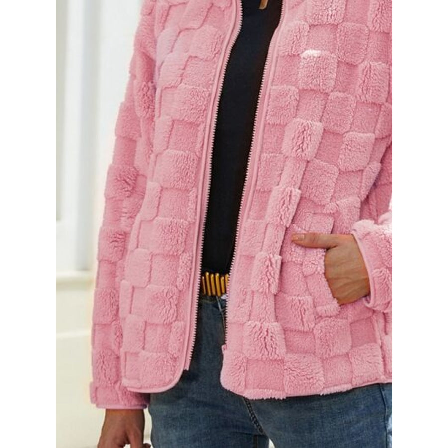 Fuzzy Checkered Zip Up Jacket Apparel and Accessories