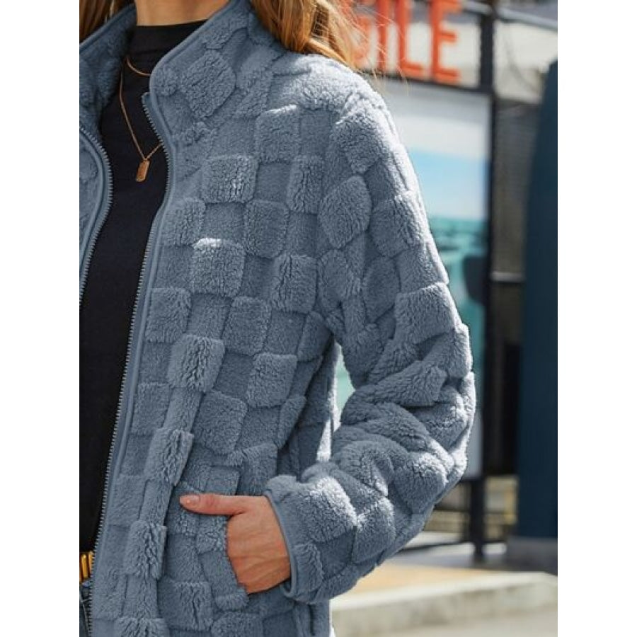 Fuzzy Checkered Zip Up Jacket Apparel and Accessories