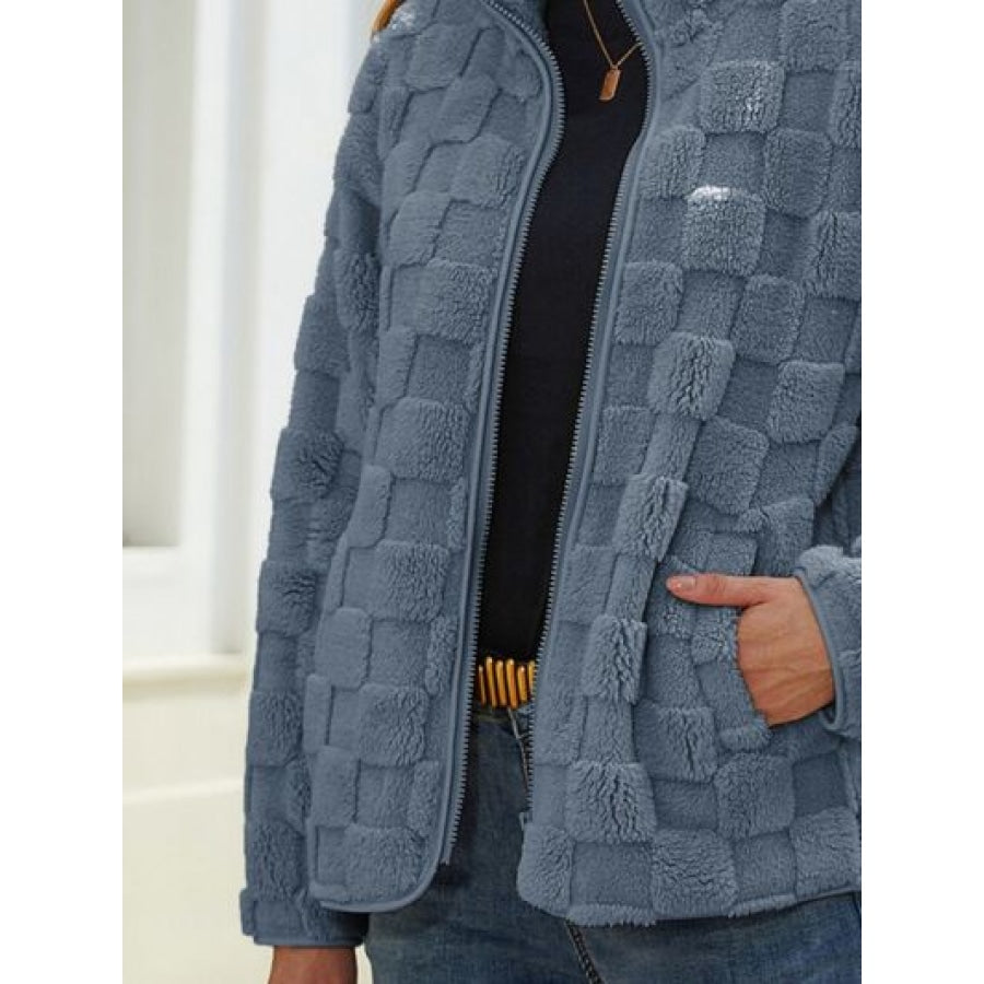 Fuzzy Checkered Zip Up Jacket Apparel and Accessories