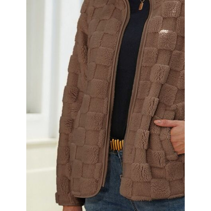 Fuzzy Checkered Zip Up Jacket Apparel and Accessories