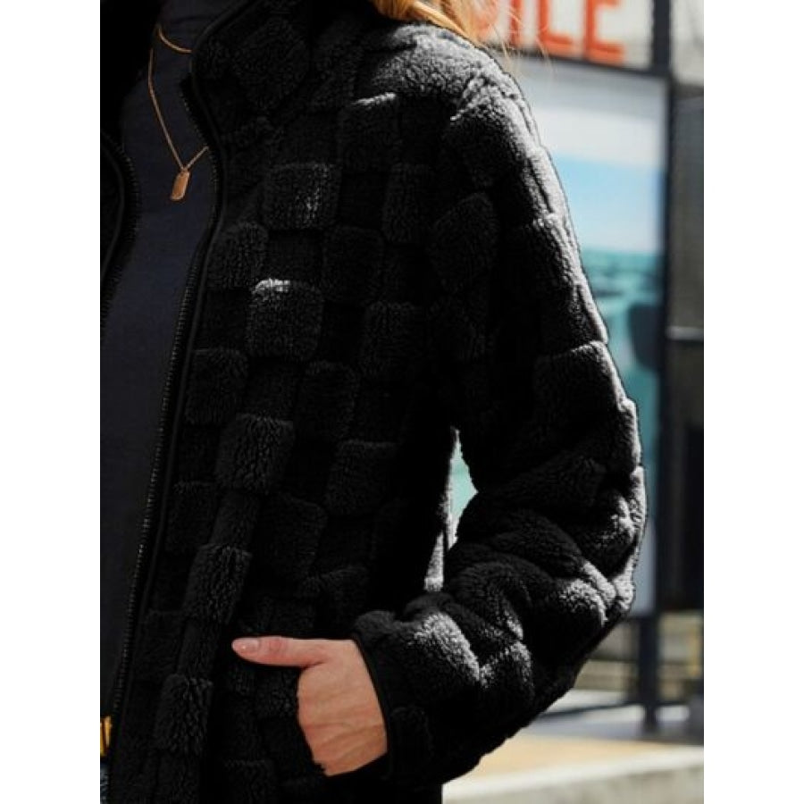 Fuzzy Checkered Zip Up Jacket Apparel and Accessories