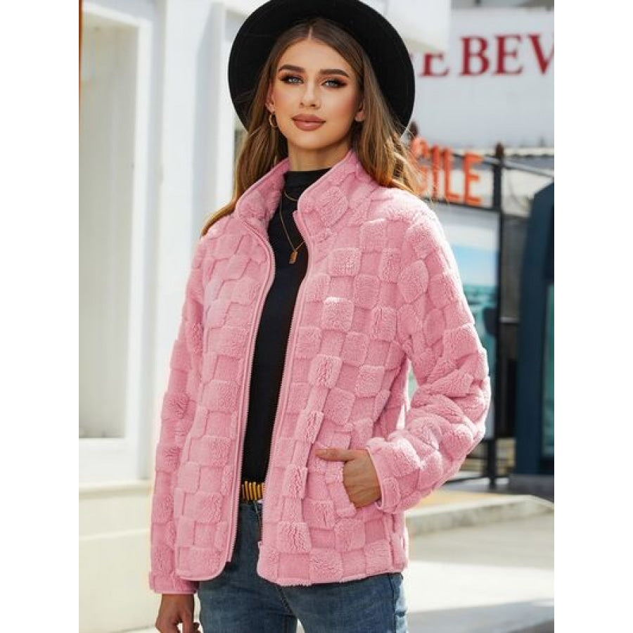 Fuzzy Checkered Zip Up Jacket Blush Pink / S Apparel and Accessories