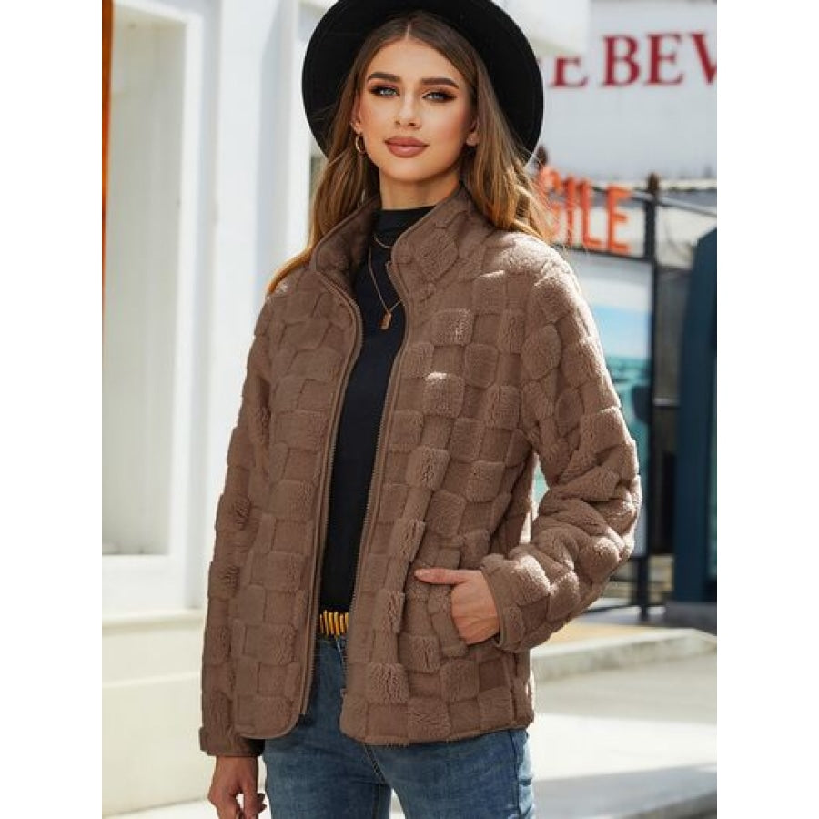 Fuzzy Checkered Zip Up Jacket Chestnut / S Apparel and Accessories